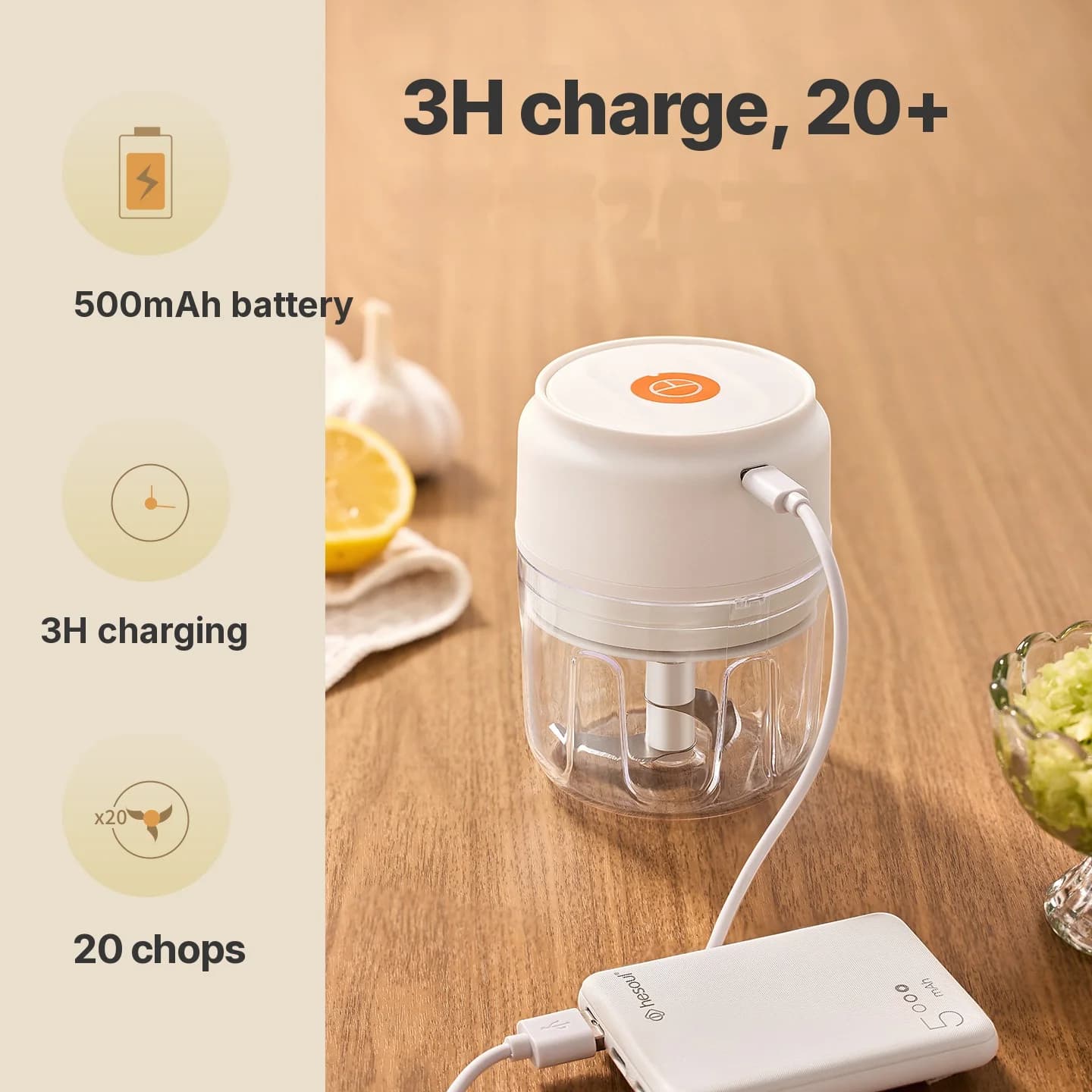 Cincang Bawang Putih Elektrik Tanpa Wayar 250mL 5V 30W Plastik