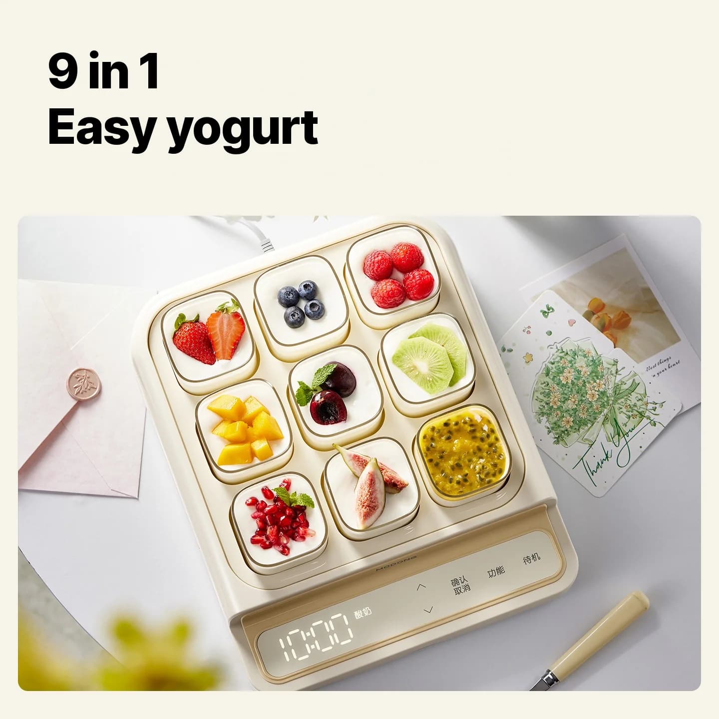 Pembuat Yogurt 9 Cawan Dengan Bekas Dalam Kaca Dan Pemasa